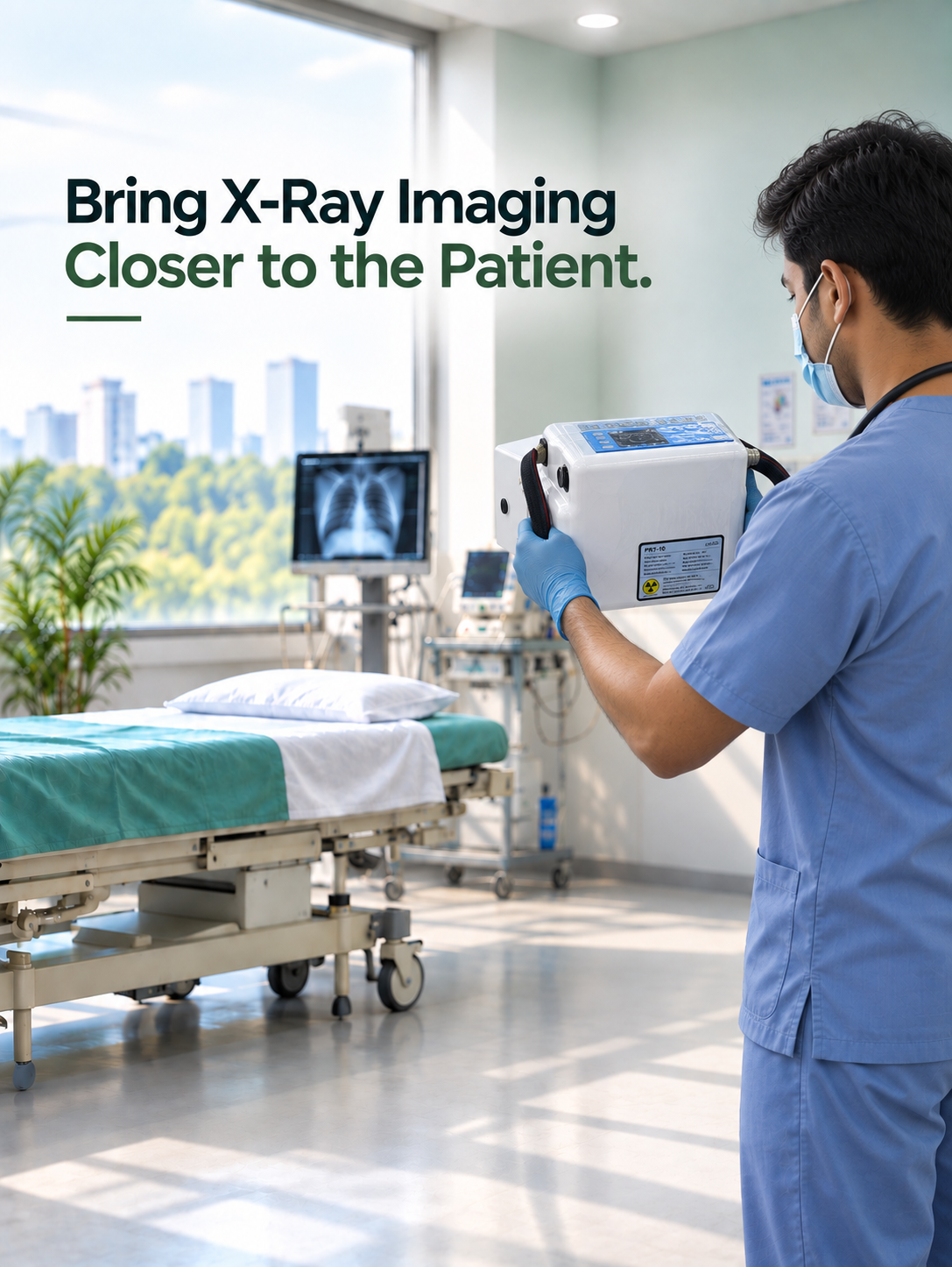 Portable X-ray machine beside a hospital bed