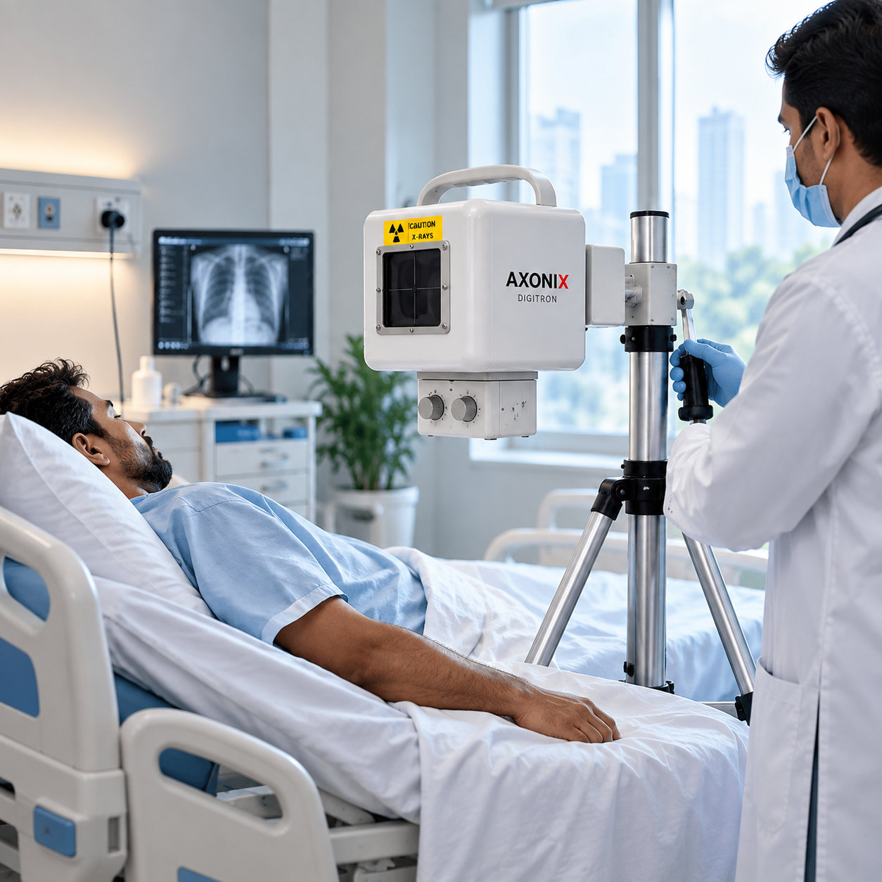 Portable X-ray machine positioned beside a patient bed